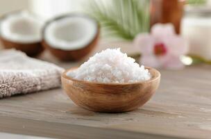Coconut Shells in Wooden Bowl on Table photo