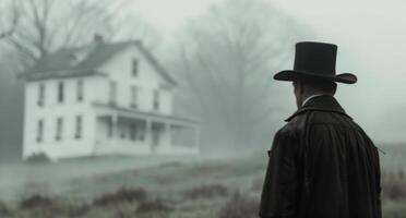 Man in Top Hat Approaches House on Foggy Day photo
