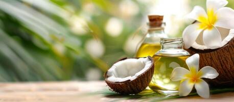 Coconut Oil With Flowers on Wooden Surface photo