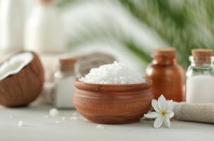 Coconut Shells in Wooden Bowl on Table photo