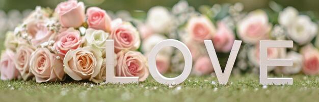 White Love Letters In Front Of Roses photo
