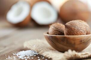Coconut Shells in Wooden Bowl on Table photo