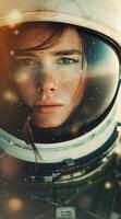 Woman in Space Suit Looking Out Window photo