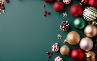 Christmas Ornaments on Green Background photo