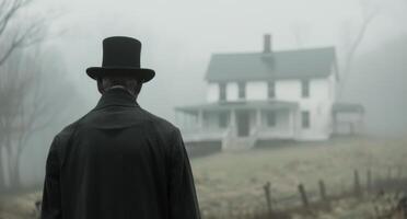 Man in Top Hat Approaches House on Foggy Day photo