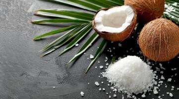 Coconuts and Palm Leaf on Black Background photo