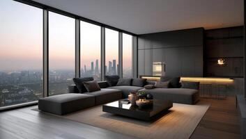 Modern Apartment Living Room With City View photo