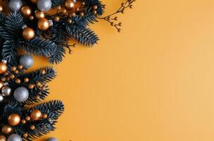 Pine Branch With Ornaments on Yellow Background photo