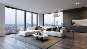 Modern Apartment Living Room With City View photo
