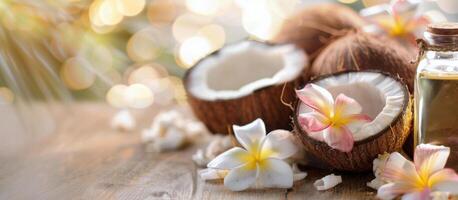 Coconut Oil With Flowers on Wooden Surface photo
