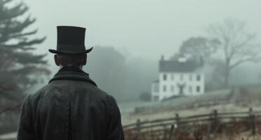 Man in Top Hat Approaches House on Foggy Day photo