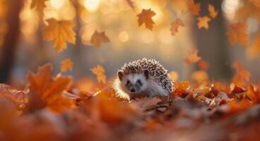 Hedgehog in Autumn Leaves photo
