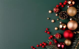 Christmas Ornaments on Green Background photo