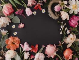 Pink and Orange Flowers on Black Background photo