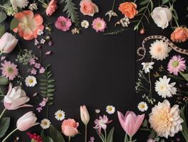 Pink and Orange Flowers on Black Background photo