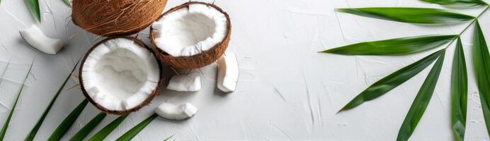 Coconut and Palm Leaves on White Background photo