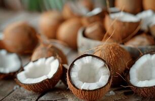 Cracked Coconuts With White Pulp and Brown Shells photo