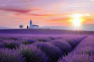 Church In Lavender Field At Sunrise photo