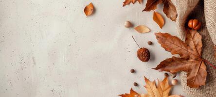 Autumn Leaves and Burlap on Concrete photo