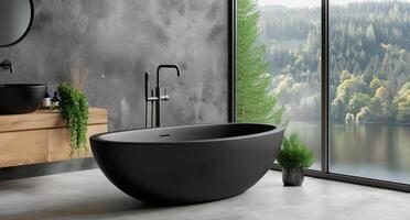 Black Freestanding Bathtub in Modern Bathroom photo