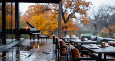 Outdoor Patio Dining With Autumn Leaves photo