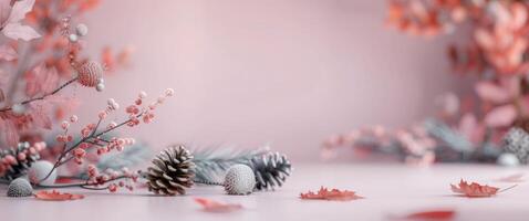 rosado y plata invierno decoración con pino conos foto