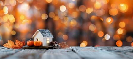 Miniature House With Pumpkin and Leaves in Autumn photo