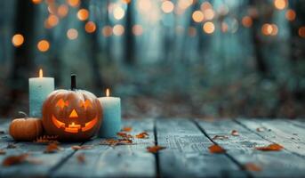Jack-O'-Lantern With Candles in Forest photo