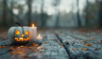 Jack-O'-Lantern With Candles in Forest photo