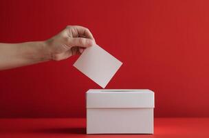 Hand Inserting Ballot Into Red Ballot Box photo