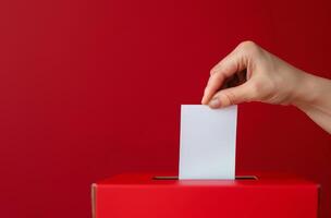 Hand Inserting Ballot Into Red Ballot Box photo