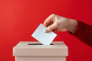 Hand Inserting Ballot Into Red Ballot Box photo