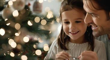 Father and Daughter Decorate Christmas Tree photo