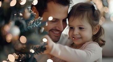 Father and Daughter Decorate Christmas Tree photo