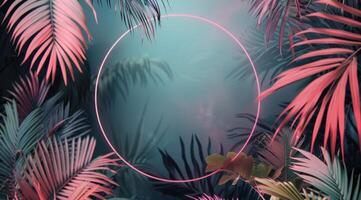 Tropical Leaf and Neon Circle Background photo