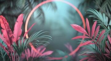 Tropical Leaf and Neon Circle Background photo