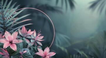 Tropical Leaf and Neon Circle Background photo