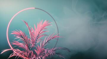 Tropical Leaf and Neon Circle Background photo