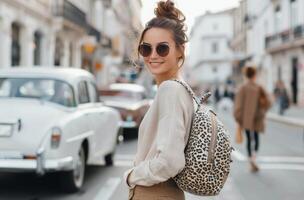 Woman With Leopard Print Backpack in Havana Street photo