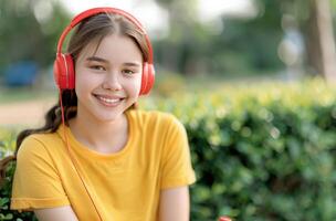 Girl Listening to Music Outdoors photo