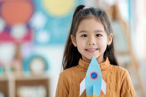 Smiling Girl Holding Paper Rocket photo
