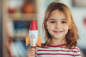 Smiling Girl Holding Paper Rocket photo