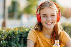 Girl Listening to Music Outdoors photo