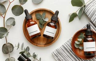 Amber Bottles With Dropper On Wooden Tray photo