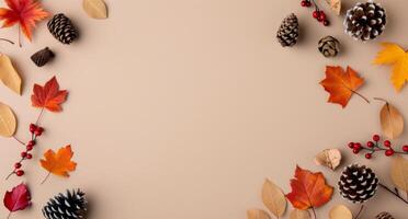 Autumnal Frame With Pinecones and Leaves photo
