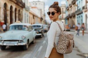 Woman With Leopard Print Backpack in Havana Street photo