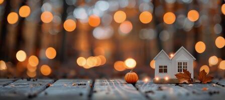 Miniature House With Pumpkin and Leaves in Autumn photo