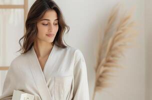 Woman Wearing White Robe In Front of Neutral Background photo