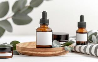 Amber Bottles With Dropper On Wooden Tray photo