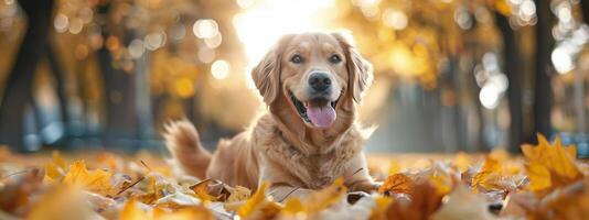 Golden Retriever in Autumn Leaves photo